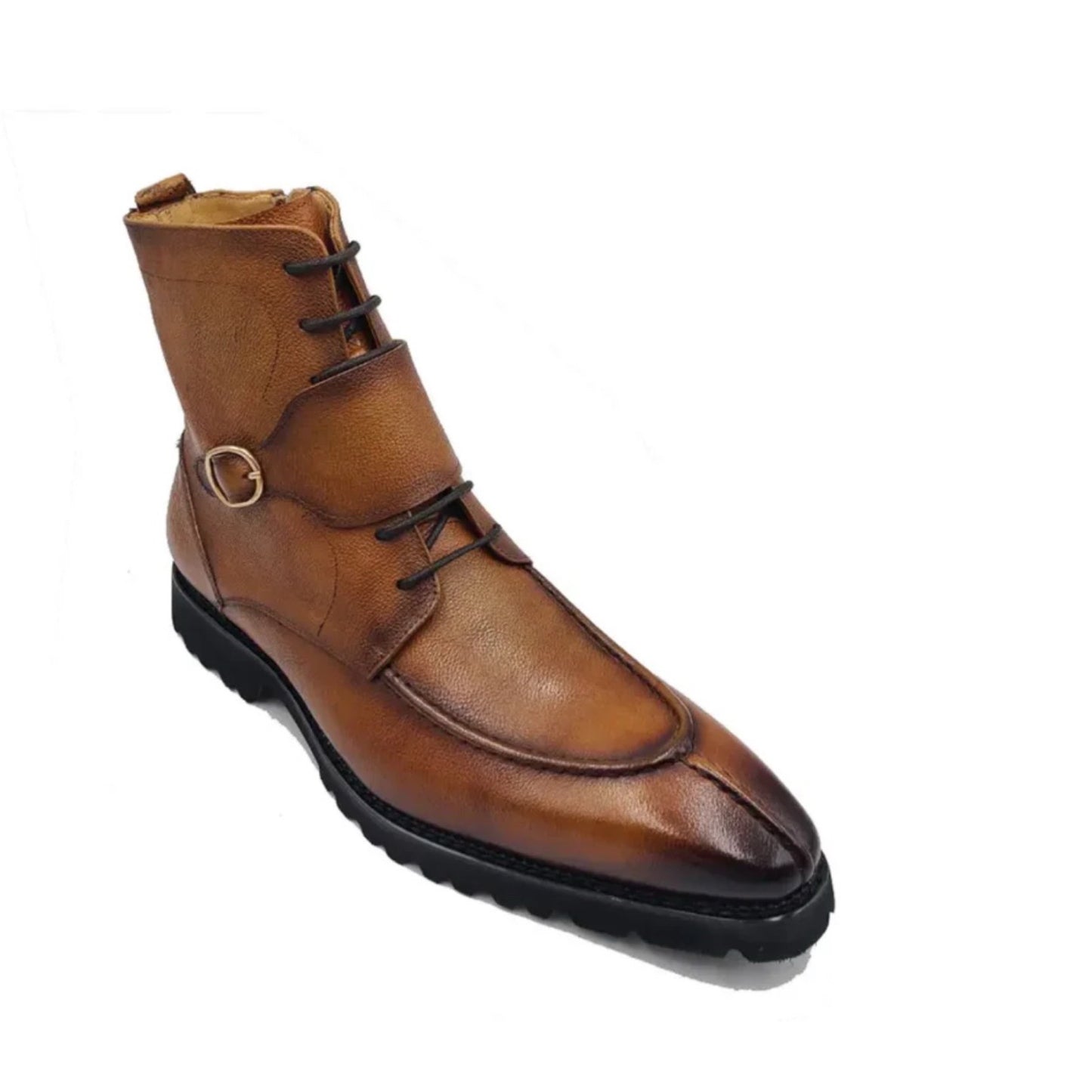 Carrucci Men’s Split Toe Lace-Up Leather Boot – Cognac with Side Zip