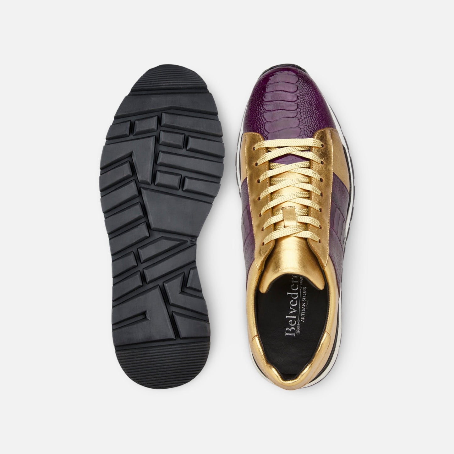 Belvedere Men’s Ostrich & Italian Calfskin Sneaker | Purple and gold | Size 13