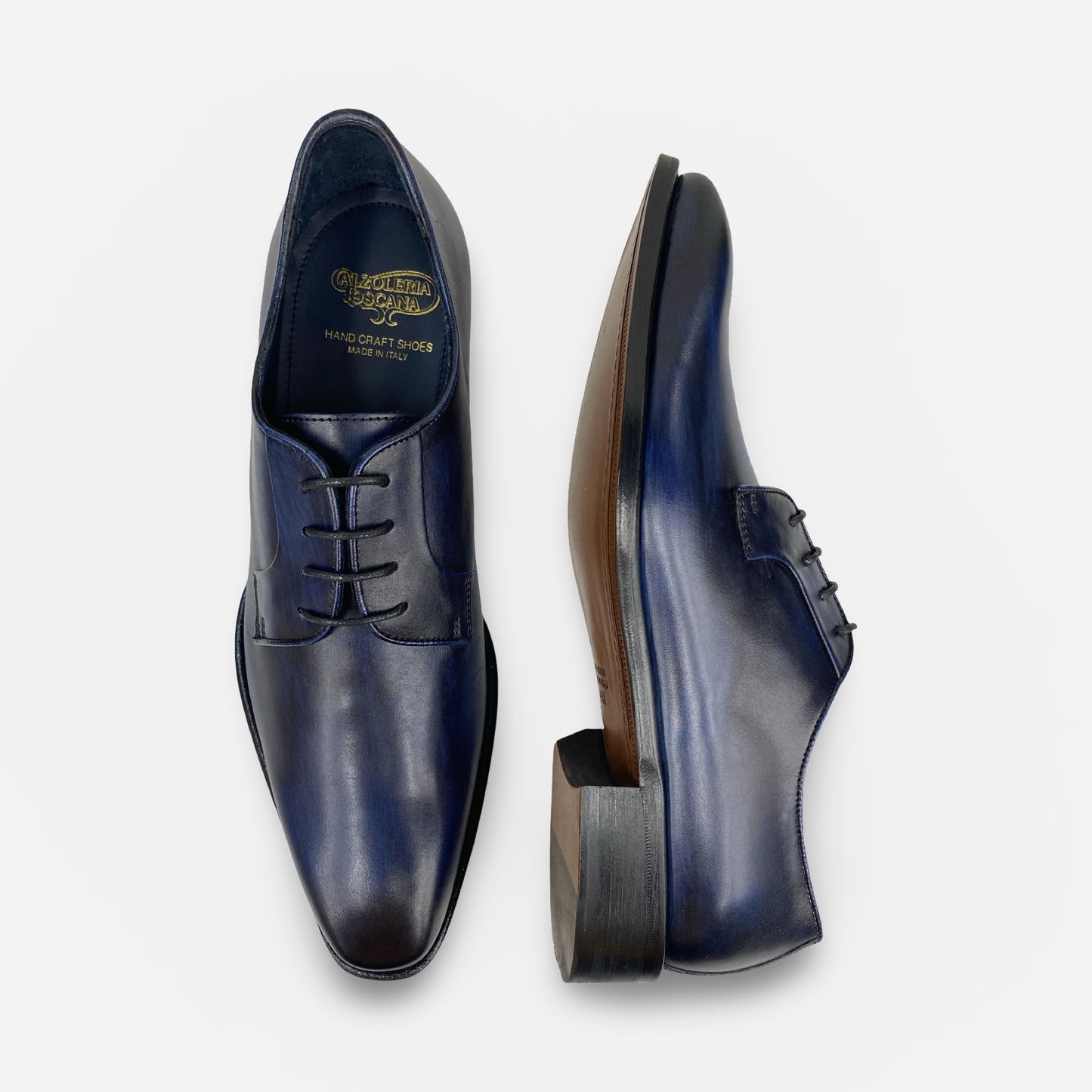 Calzoleria Toscana Navy Blue Derby “Tiglio” – Handcrafted and Hand-Painted Italian Leather Shoes