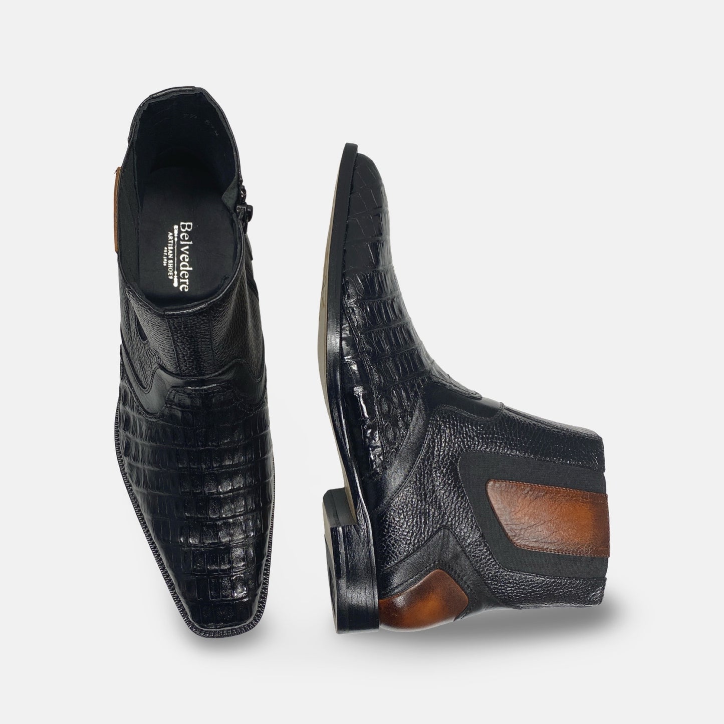 Mens Belvedere Genuine Caiman Crocodile Boot "Monte" Side Zip