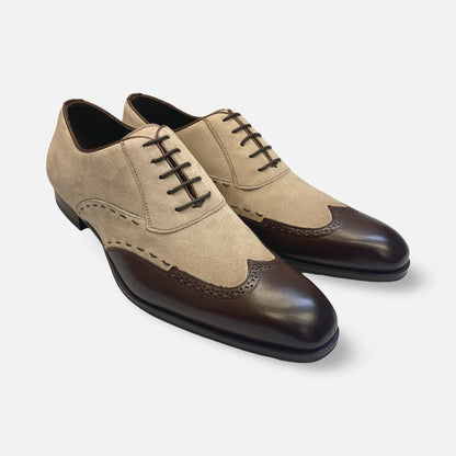 Mezlan Paganini Brown/Taupe Wingtip Suede and Leather Shoe
