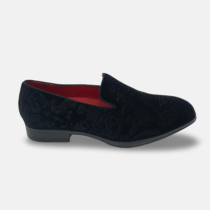 Mens Black Velvet Style Patterned Tux Slip on Loafer shoes