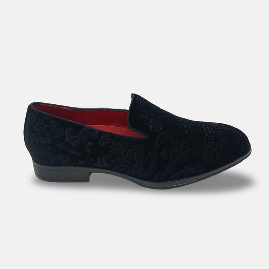 Mens Black Velvet Style Patterned Tux Slip on Loafer shoes