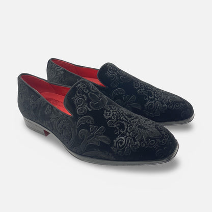 Mens Black Velvet Style Patterned Tux Slip on Loafer shoes
