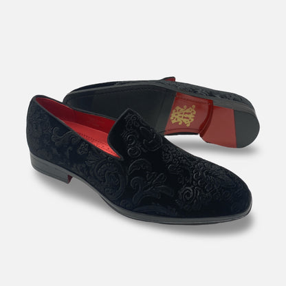Mens Black Velvet Style Patterned Tux Slip on Loafer shoes