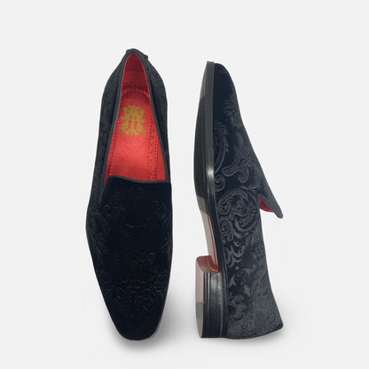 Mens Black Velvet Style Patterned Tux Slip on Loafer shoes