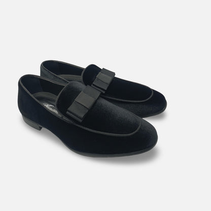 Amali Black Velvet Style Tux Slip On Loafer Shoe With Bow
