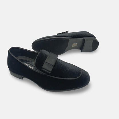Amali Black Velvet Style Tux Slip On Loafer Shoe With Bow