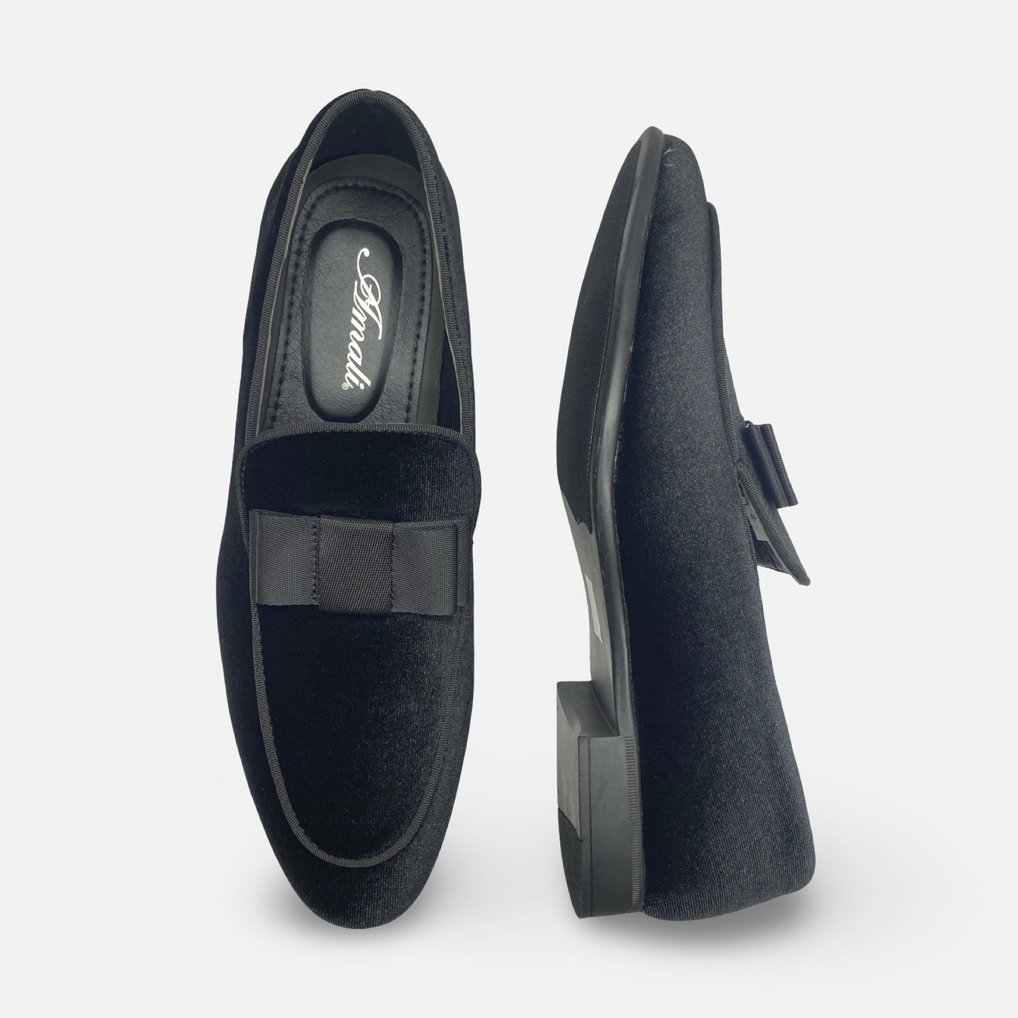 Amali Black Velvet Style Tux Slip On Loafer Shoe With Bow