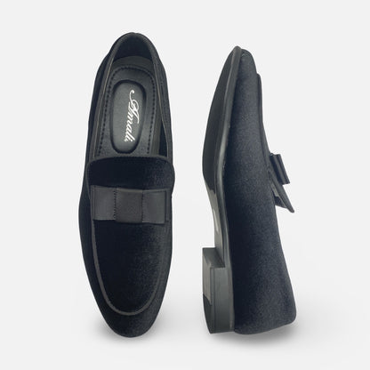 Amali Black Velvet Style Tux Slip On Loafer Shoe With Bow