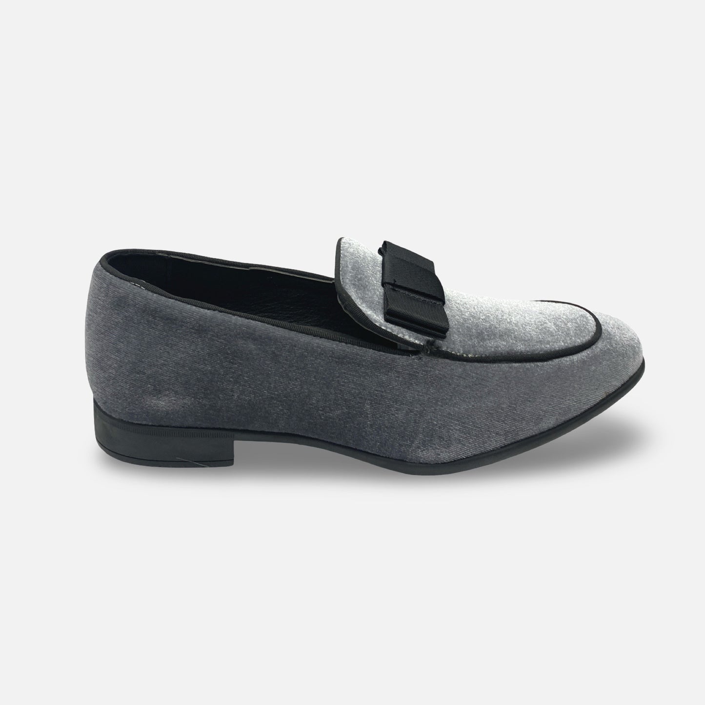 Amali Grey Velvet Style Tux Slip On Loafer Shoe With Black Bow