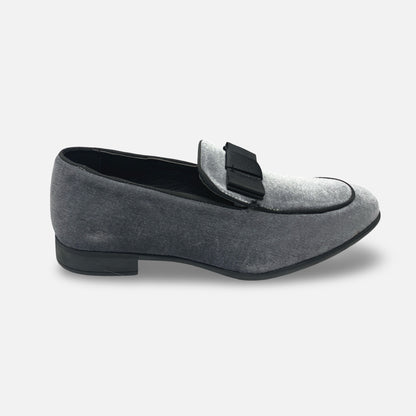 Amali Grey Velvet Style Tux Slip On Loafer Shoe With Black Bow