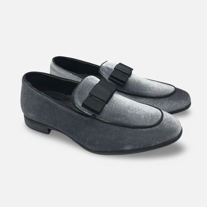 Amali Grey Velvet Style Tux Slip On Loafer Shoe With Black Bow