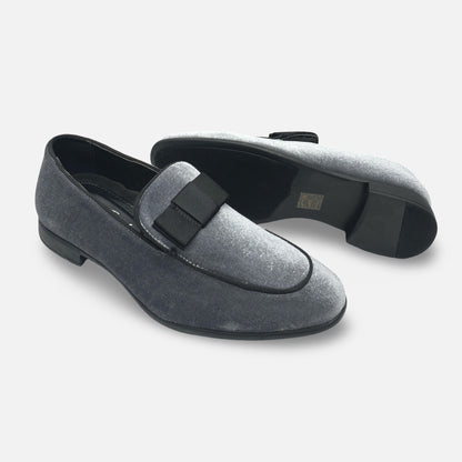 Amali Grey Velvet Style Tux Slip On Loafer Shoe With Black Bow