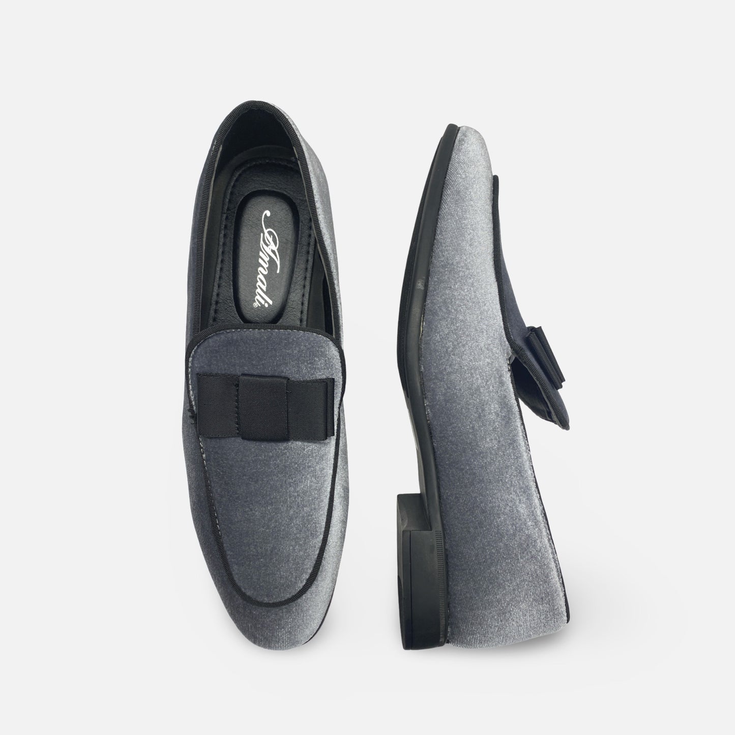 Amali Grey Velvet Style Tux Slip On Loafer Shoe With Black Bow