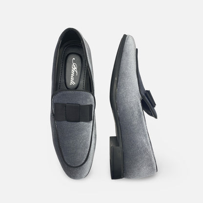 Amali Grey Velvet Style Tux Slip On Loafer Shoe With Black Bow
