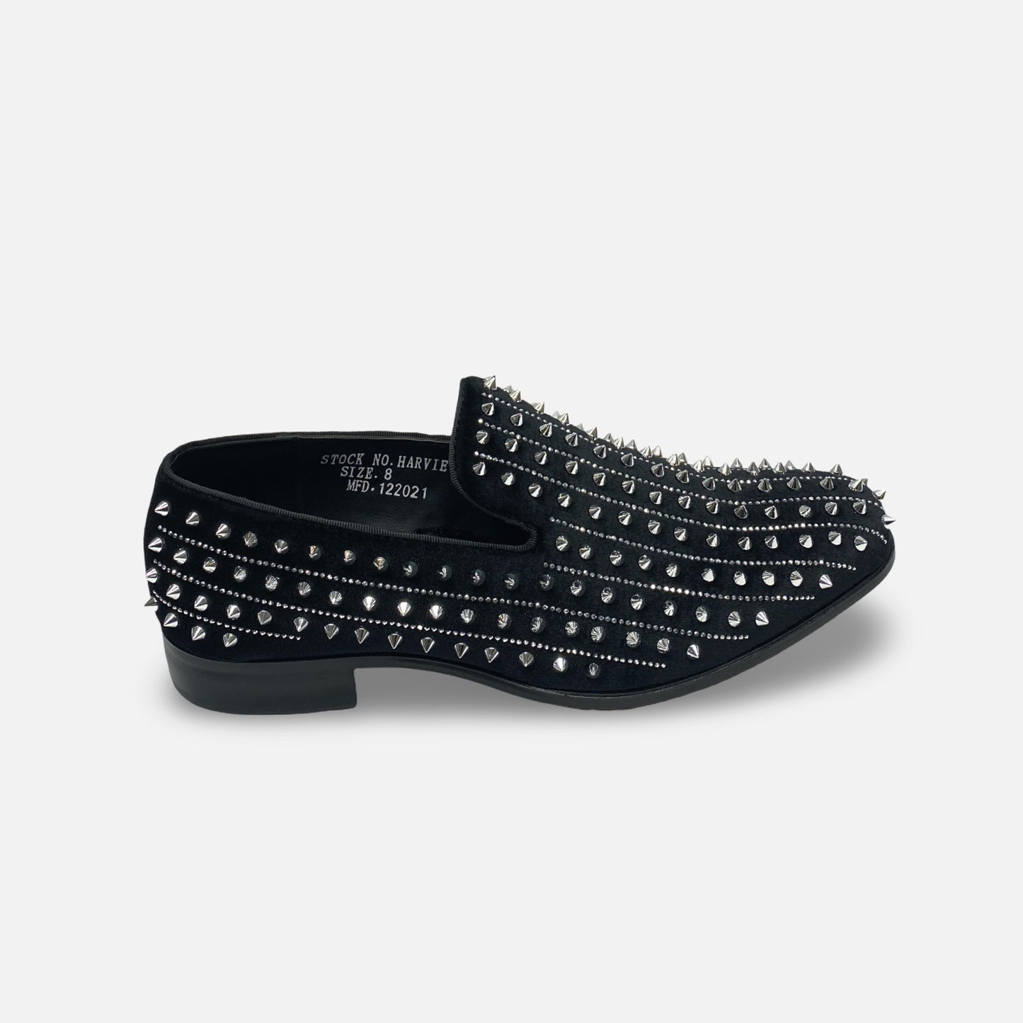 Mens Black Velvet Style  Silver Spiked Tux Slip on Loafer shoes | Harvie