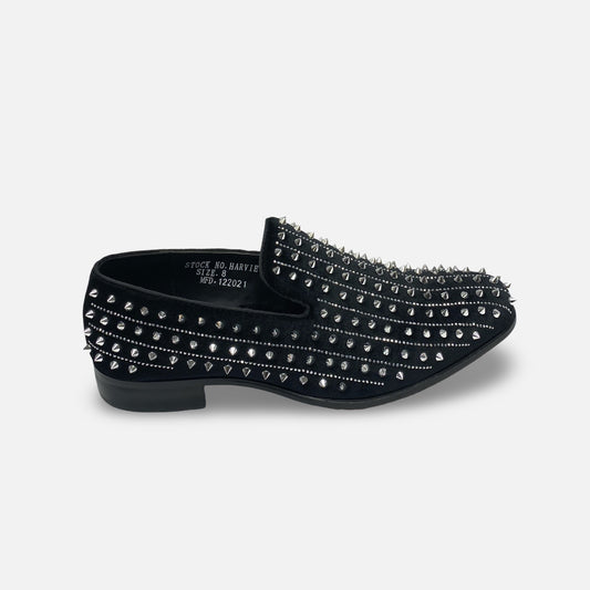 Mens Black Velvet Style  Silver Spiked Tux Slip on Loafer shoes | Harvie
