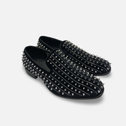 Mens Black Velvet Style  Silver Spiked Tux Slip on Loafer shoes | Harvie