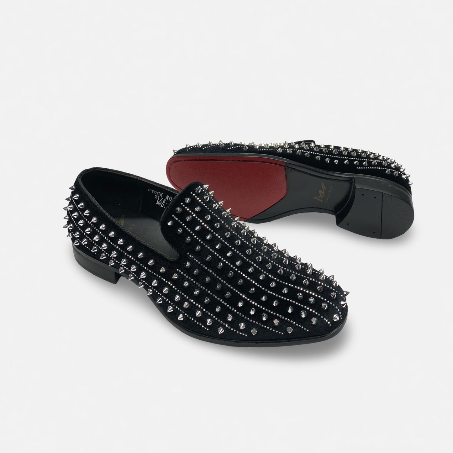 Mens Black Velvet Style  Silver Spiked Tux Slip on Loafer shoes | Harvie