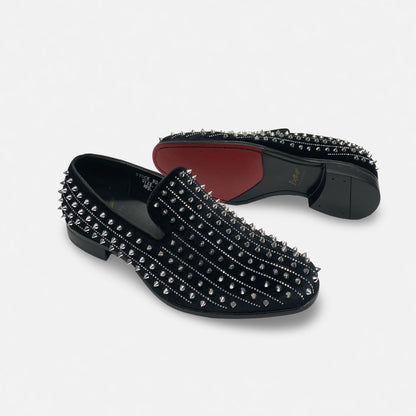 Mens Black Velvet Style  Silver Spiked Tux Slip on Loafer shoes | Harvie