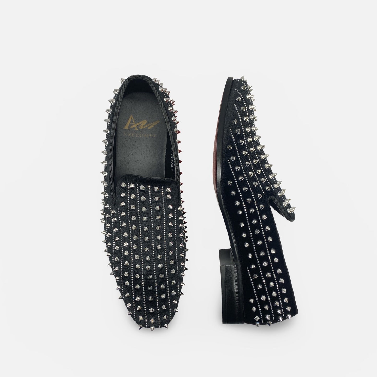 Mens Black Velvet Style  Silver Spiked Tux Slip on Loafer shoes | Harvie