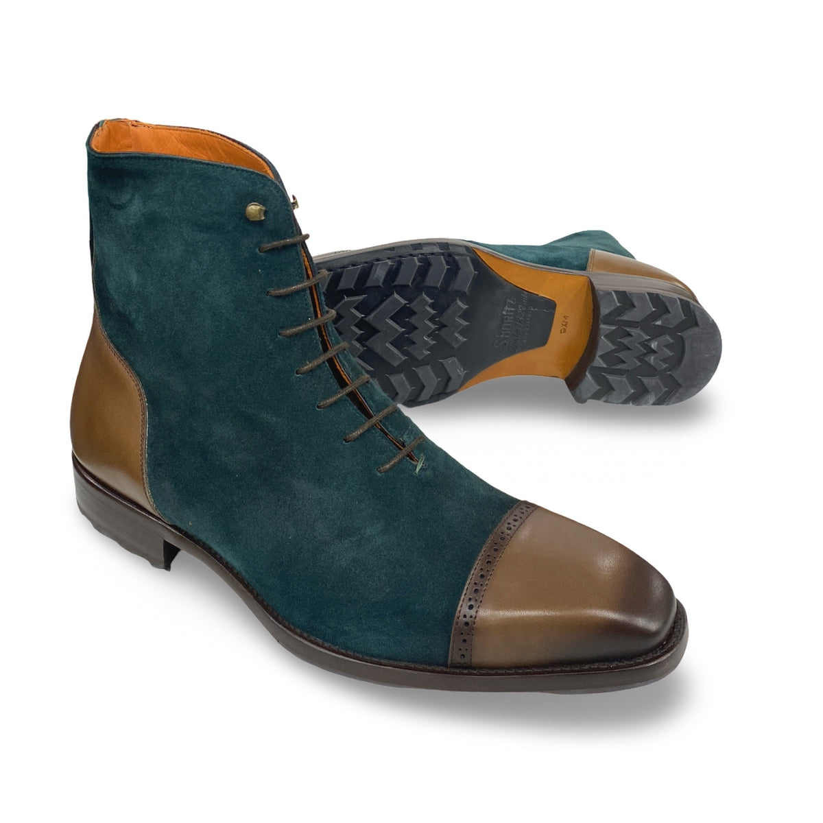 Mezlan Brown/Green Suede and Leather Cap Toe Boot | 20480