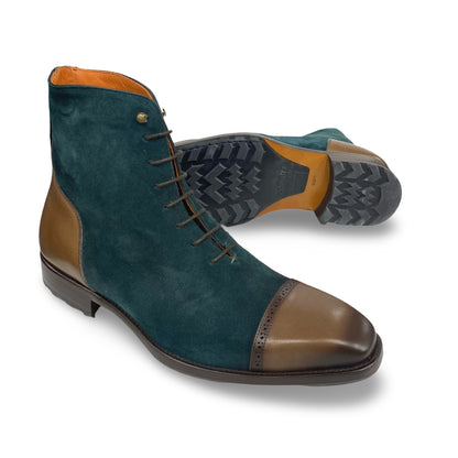 Mezlan Brown/Green Suede and Leather Cap Toe Boot | 20480