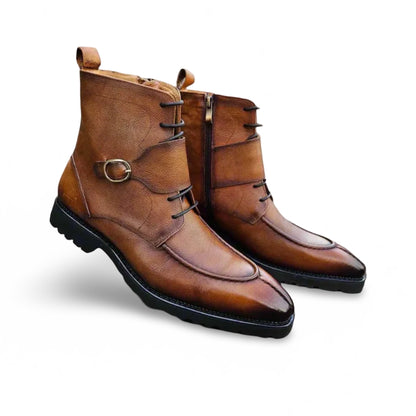 Carrucci Men’s Split Toe Lace-Up Leather Boot – Cognac with Side Zip