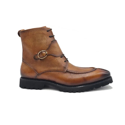 Carrucci Men’s Split Toe Lace-Up Leather Boot – Cognac with Side Zip