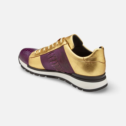 Belvedere Men’s Ostrich & Italian Calfskin Sneaker | Purple and gold | Size 13