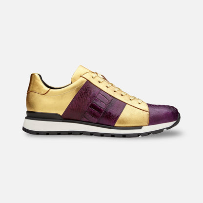 Belvedere Men’s Ostrich & Italian Calfskin Sneaker | Purple and gold | Size 13