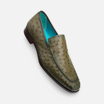 Mens Mezlan Olive Green Genuine Ostrich Leather Loafers – Made in Spain