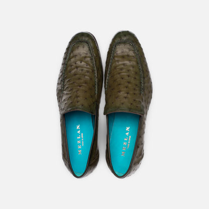 Mens Mezlan Olive Green Genuine Ostrich Leather Loafers – Made in Spain