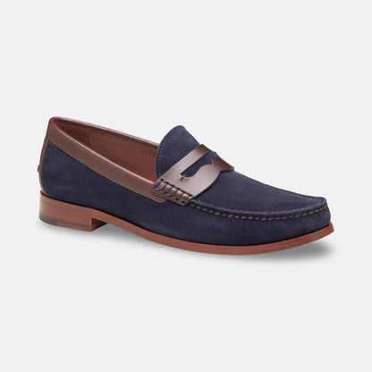 Johnston & Murphy Baldwin Penny Loafer – Navy Waxed Suede & Brown Leather