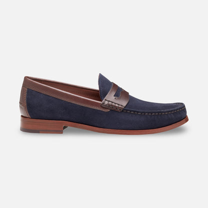 Johnston & Murphy Baldwin Penny Loafer – Navy Waxed Suede & Brown Leather