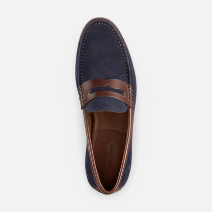 Johnston & Murphy Baldwin Penny Loafer – Navy Waxed Suede & Brown Leather