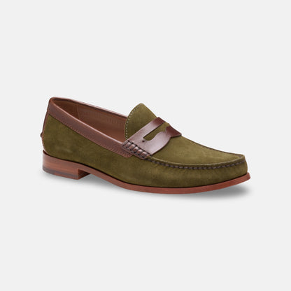 Johnston & Murphy Baldwin Penny Loafer – Olive Waxed English Suede & Brown Full-Grain Leather