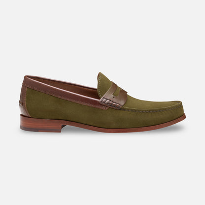 Johnston & Murphy Baldwin Penny Loafer – Olive Waxed English Suede & Brown Full-Grain Leather