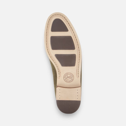 Johnston & Murphy Baldwin Penny Loafer – Olive Waxed English Suede & Brown Full-Grain Leather