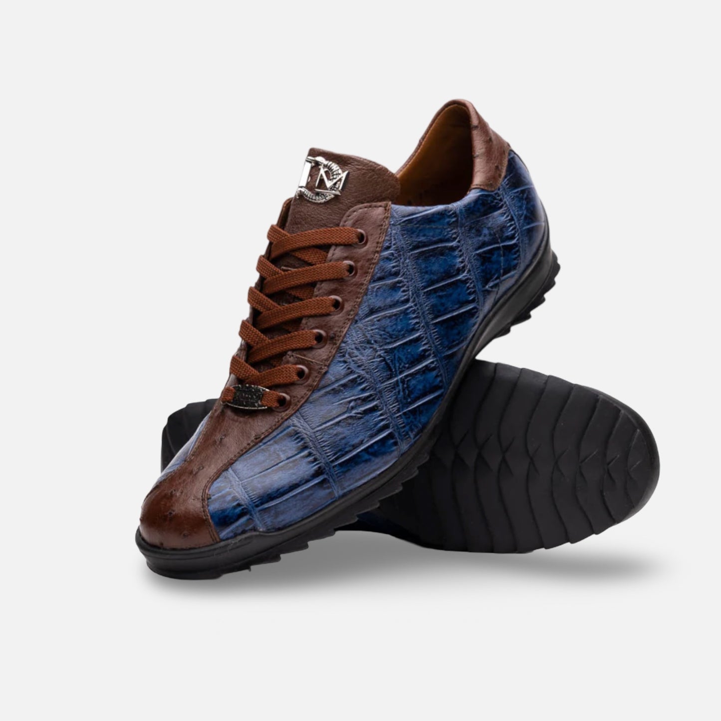 Mens Alligator and Ostrich Blue and Brown Sneakers