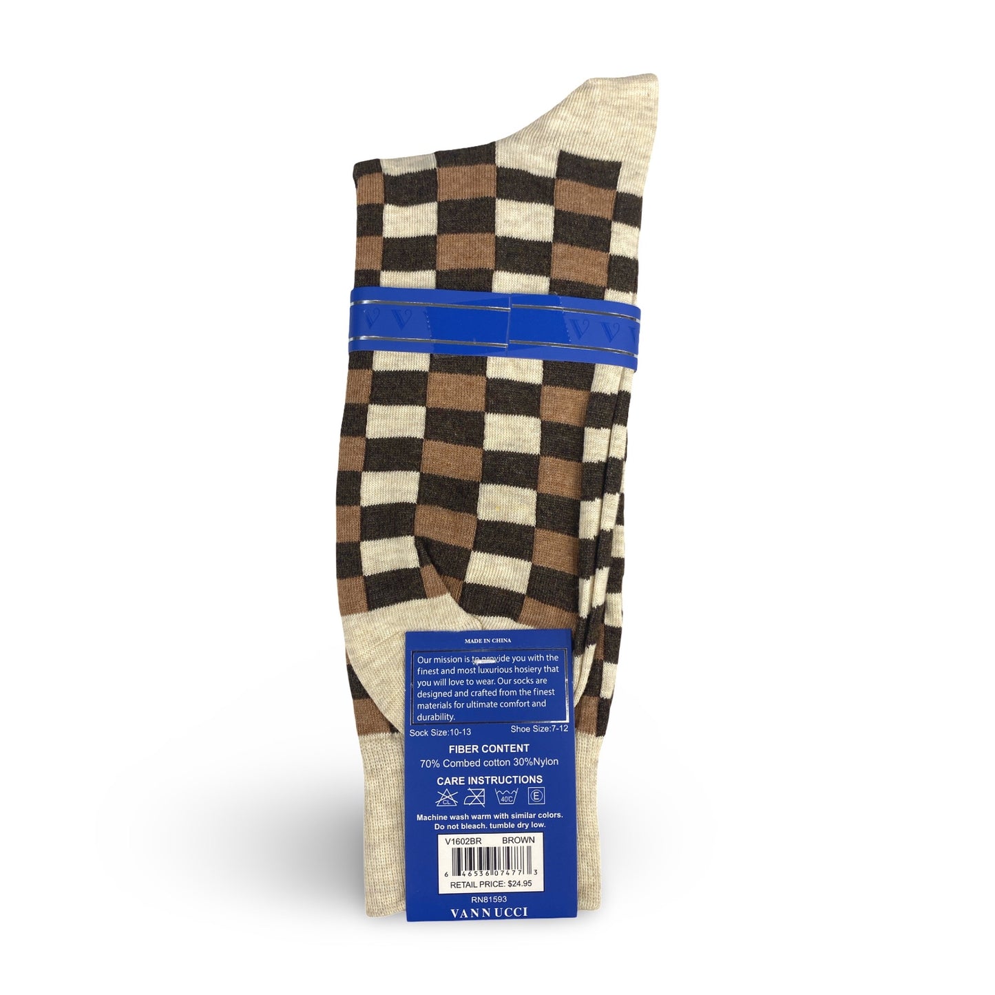 Mens Fashion Socks by Vanucci V1602BR Brown Plaid/Check