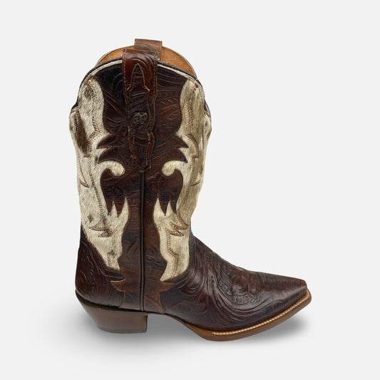 Dan Post Women’s Andrinna Western Boot – Hand-Tooled Leather & Natural Calf Hair